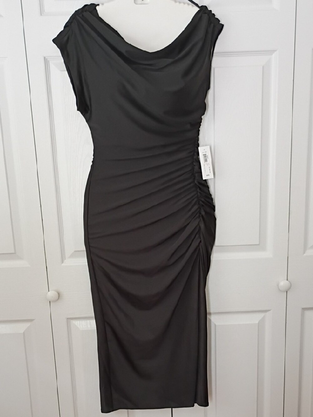 NWT Premier Amour Sleek Black Cowl Neck Ruched Midi Dress Size 6
